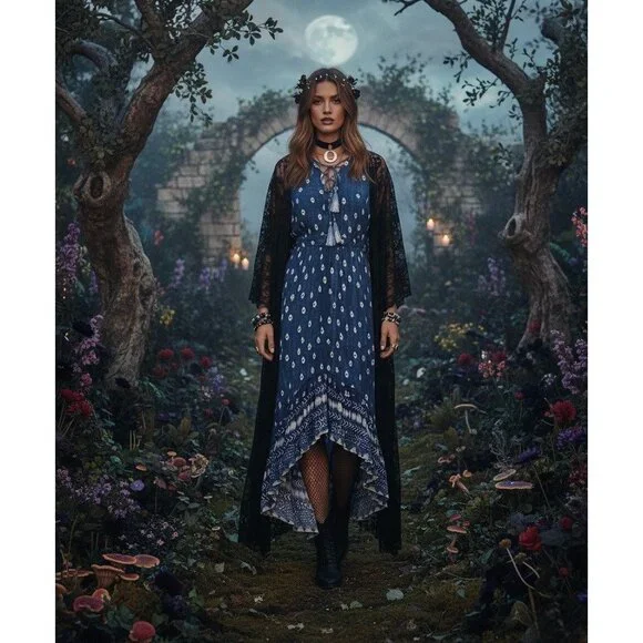 Jen's Pirate Booty Blue Paisley Print Boho High Low Maxi Dress Coastal Cowgirl S